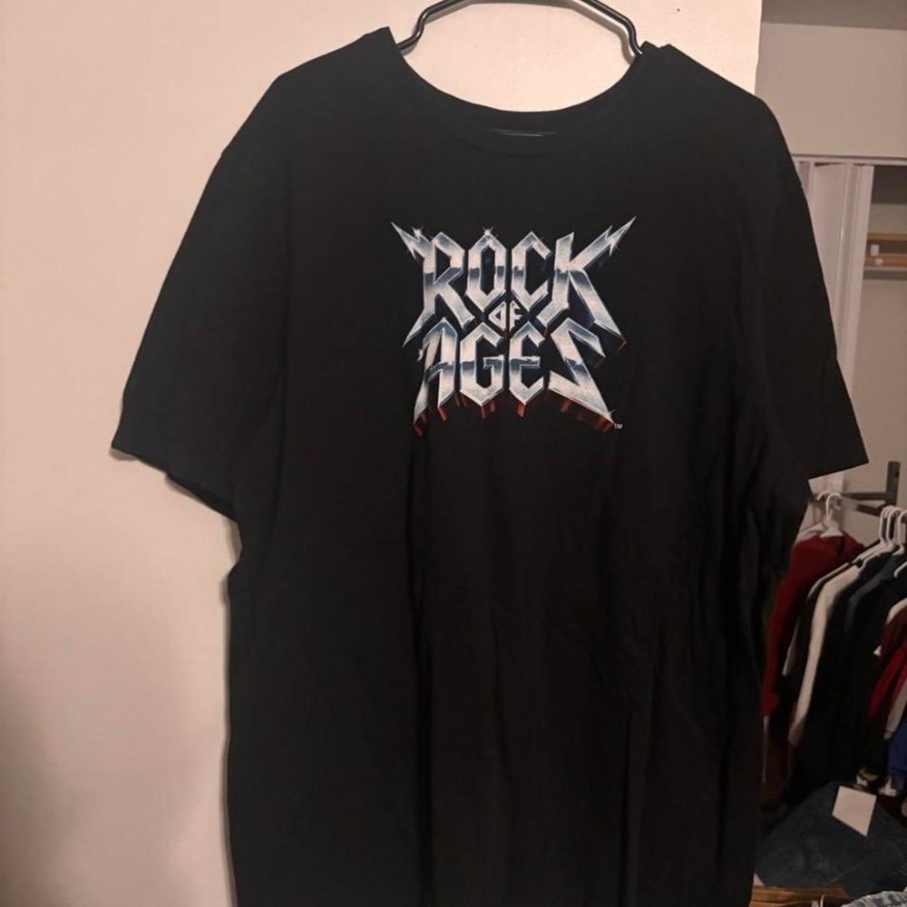Black Rock of Ages movie t-shirt with white stylized text graphic